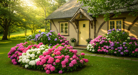 Obraz premium Enchanting Cottage Garden Overflowing with Hydrangeas in Full Bloom Scenery