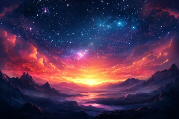 Naklejka premium Colorful sunset over majestic mountains, starry night sky, fantasy landscape, perfect for backgrounds