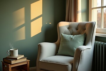 Cozy reading nook with sunlight and steaming drink