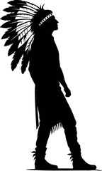 Captivating Native American Silhouette with Feathered Headdress Walking – A Striking Vector Illustration Showcasing Tribal Culture, Indigenous Heritage, and Timeless Traditional Design