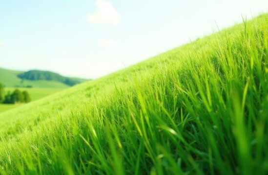 Lush green grass on rolling hills under clear blue sky