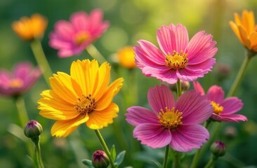 Obraz premium Vibrant pink and yellow cosmos flowers in sunlit garden
