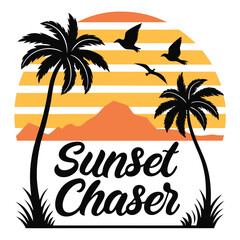 Tropical Mountain Sunset Scene with Palm Trees and Birds – Sunset Chaser Typography