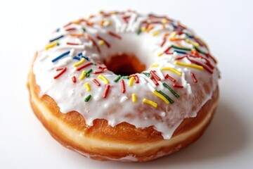Colorful sprinkles adorn a freshly glazed donut on a clean white background