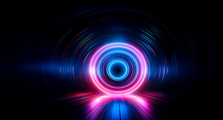 Obraz premium Vibrant pink and blue neon circles glow in a dark, futuristic space. Reflective surfaces create a symmetrical, ethereal effect. The image evokes a sense of mystery and technology.