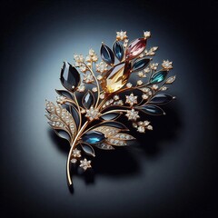 A stunning floral leaf brooch adorned with multicolored gemstones and delicate gold accents, epitomizing elegance and artistry.