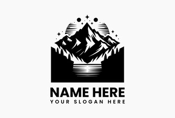 Bold vector logo of mountain peak with sharp geometric lines, representing strength and ambition for climbing, expedition, and outdoor sport branding  