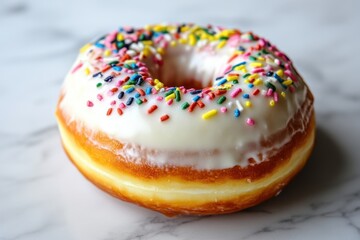 Colorful sprinkles adorn a glazed donut on a marble surface, perfect for dessert lovers