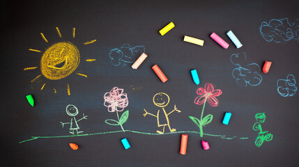 Colorful chalk drawings of children and flowers on blackboard  