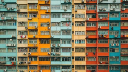 Colorful, densely packed apartment buildings in a vibrant urban neighborhood.