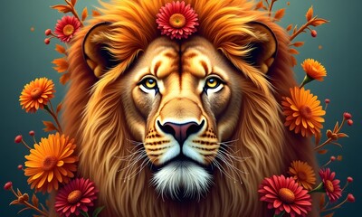 Fototapeta premium A regal lion adorned with vibrant orange and red daisies, showcasing strength and elegance against a muted teal background