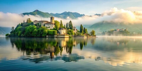 Fototapeta premium Serene lake scene with misty morning atmosphere and lush greenery surrounding Isola San Giulio, landscape photography,