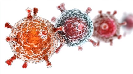High detail scientific visualization of immune cell like T cell B cell macrophage interacting pathogen vibrant immunological response sterile 3D space white background no text suitable medical