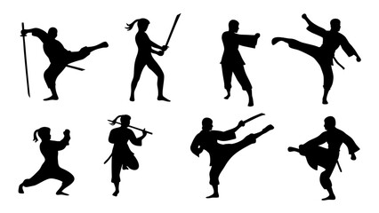 set of kungfu silhouette vector on tranparent background