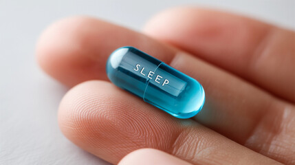 Fingers holding a glossy blue sleep capsule against a gradient background
