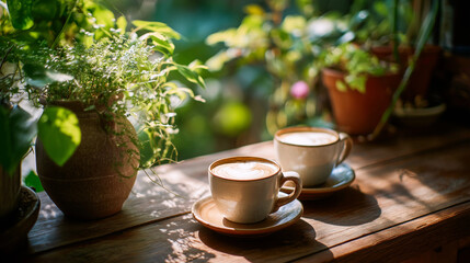 Two white cups on a wooden table with potted plants and greenery in a sunlit room