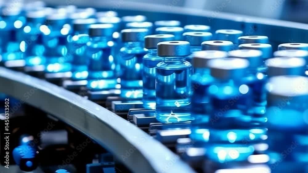 Poster The image displays a production line with vials filled with blue liquid. The vials are uniformly arranged, showcasing precision and the automated processes of the manufacturing environment.