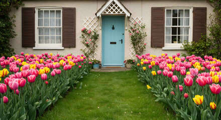Charming Cottage Entrance Adorned With Vibrant Tulips In Full Bloom