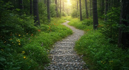 Fototapeta premium Stone Path Winding Through Green Forest Nature Journey