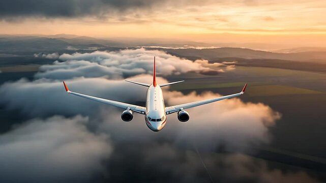 Commercial jet aircraft soaring above clouds at sunset.  Majestic view from above