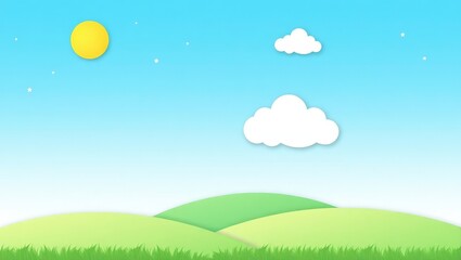 Sunny day, rolling green hills, fluffy white clouds, and a bright yellow sun in a clear blue sky