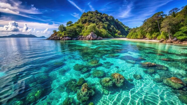 Crystal-clear waters and vibrant coral reefs in the Mergui Archipelago, Myanmar
