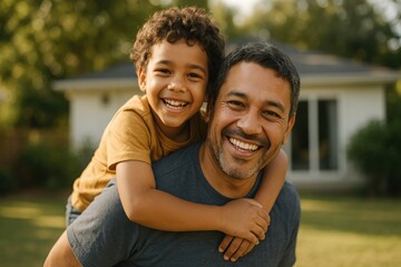 Naklejka premium Joyful father and son outdoors.