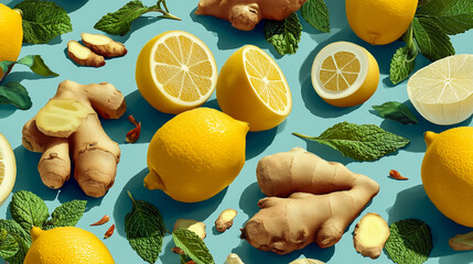 Sliced lemons and ginger pieces on a blue background with green herbs
