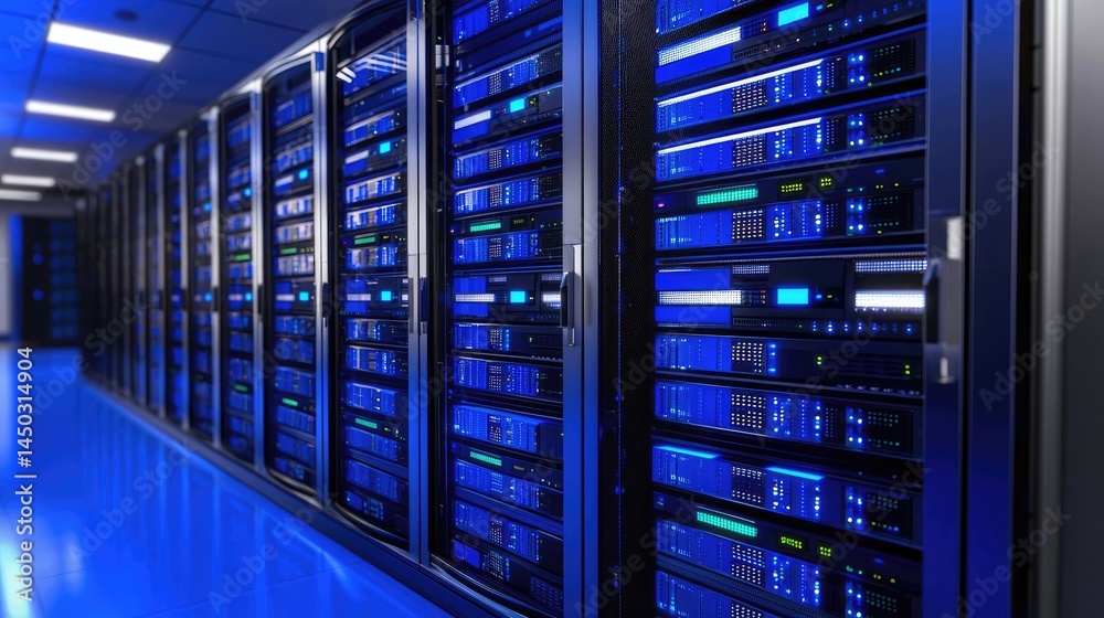 Poster 3d rendering of a server room with glowing blue racks in a high-security data center, ideal for it i