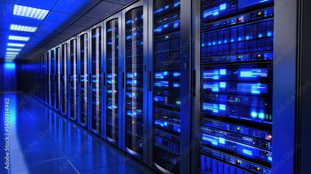 Fototapete 3D rendering of a futuristic server room with rows of illuminated racks and blue glowing lights, ideal for tech ads, data center graphics, or cloud computing concepts
