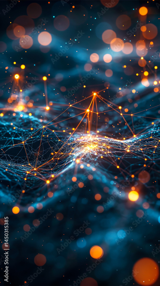 Poster interconnected network of glowing nodes and lines illustrating technology and digital connectivity i
