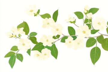 Obraz premium Delicate pale yellow blossoms and green leaves on a blossoming branch