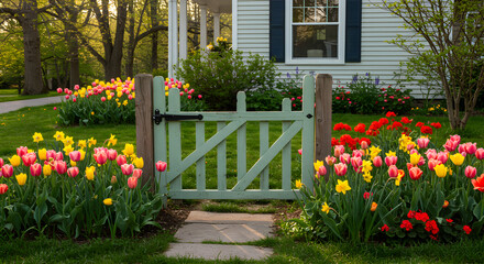 Charming Garden Gate Surrounded By Colorful Tulips In The Springtime
