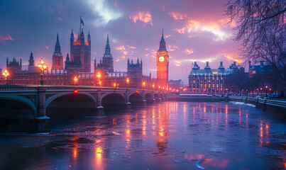 Obraz premium Illuminated London Nightscape with Big Ben and Westminster Palace Reflecting on the Thames River