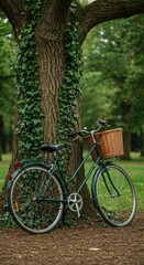 Fototapeta premium Bicycle Leaning on Ivy Covered Tree Sustainable Transport
