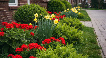 Obraz premium Lush Springtime Garden Display Along Brick Walkway With Red Geraniums