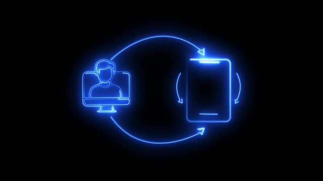 mobail , video, conference, users yellow neon icon .Transparent background.
