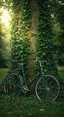 Bicycle Leaning on Ivy Covered Tree Sustainable Transport