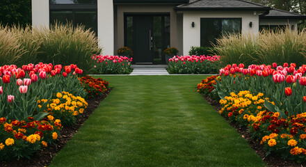 Beautifully Landscaped Front Yard With Colorful Tulips And Manicured Lawn