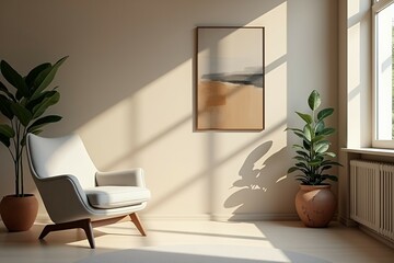 Sunlit modern chair by artwork and plants