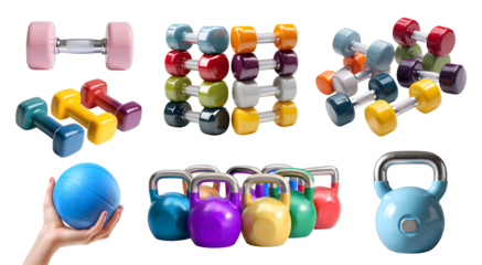Collection set of colourful fitness sports training workout dumbbells Kettlebell, medicine tone gym ball, weights, different style angle isolated on transparent cutout PNG. Mockup template for artwork
