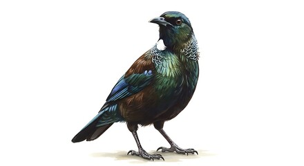 Obraz premium Vibrant and Detailed Illustration of a Tui Bird on a Clean White Backdrop