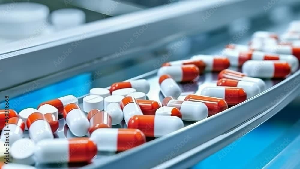Poster pills of varying shapes and colors are being processed on a conveyor belt, which is part of pharmace