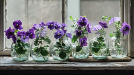 Fototapeta premium Purple pansies in vintage glass jars on a windowsill.