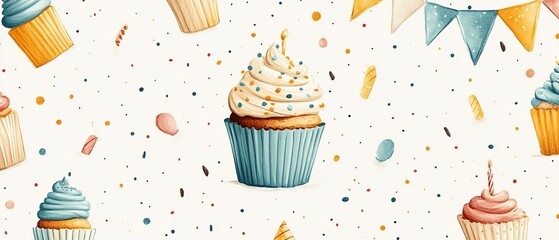 Cheerful cupcakes scattered amidst birthday confetti