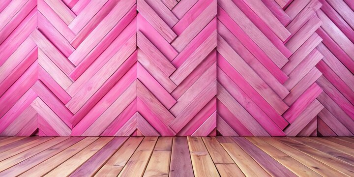 Pink wooden planks arranged in a zigzag pattern on the floor, with vertical boards standing upright alongside them, creating a unique and playful design element, design, wood