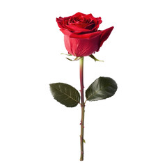Single vibrant red rose on a long stem. Deep crimson petals surround a green center. Two small leaves flank the stem