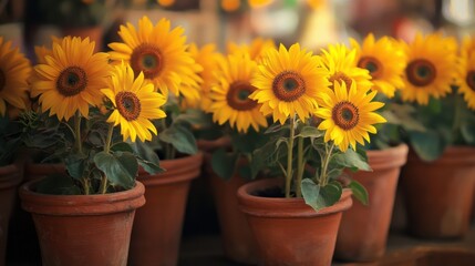 Obraz premium Close-up view of vibrant sunflowers in terracotta pots.