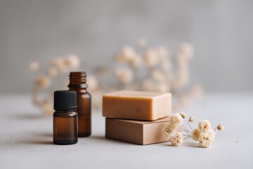 minimalistic image of natural skincare products beautifully arranged on plain surface composition features essential