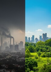 Naklejka premium Polluted City vs Green Park Conceptual Split Image